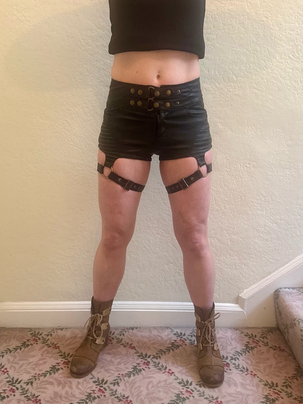 Black Leather Cotton Short Shorts with Corset Lacing and Thigh Straps - Picture 2 of 10